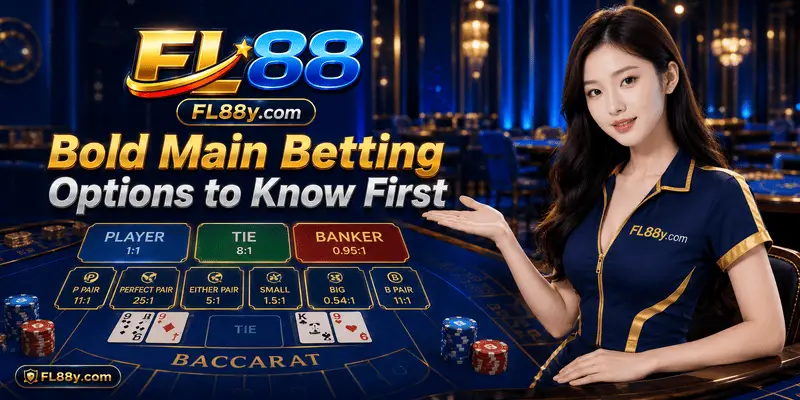 Main baccarat betting options showing Banker, Player, Tie and side bets with risk notes for beginners