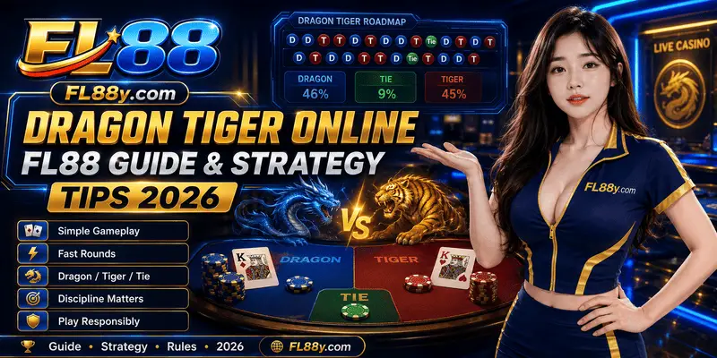 Dragon Tiger Online FL88 guide showing live dealer table, betting options, strategy tips and responsible gaming guidance