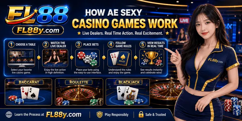 Guide explaining how AE live dealer casino games work through real-time streaming, betting rounds and interactive gameplay at FL88 Malaysia