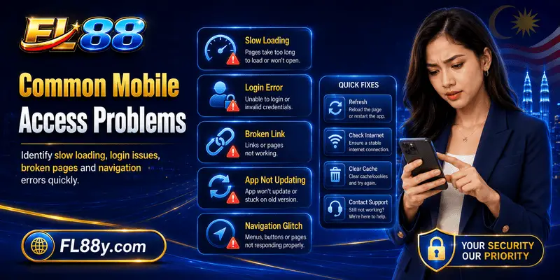 FL88 mobile access problem screen showing login, loading and connection issues