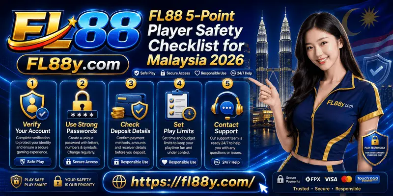 FL88 player safety checklist highlighting secure login, trusted website access, responsible gaming, privacy and account protection.