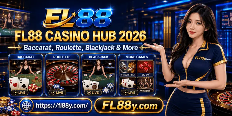 FL88 Casino Hub 2026 featuring baccarat, roulette, blackjack, live dealer games and diverse casino entertainment for Malaysian users.