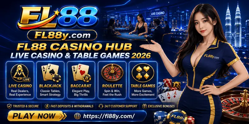 FL88 Casino Hub featuring live casino tables, baccarat, roulette, blackjack and secure mobile gaming access for Malaysian users.