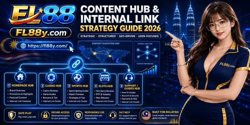 FL88 content hub diagram showing internal links between casino, sports, slots, lottery, fishing and esports category pages.