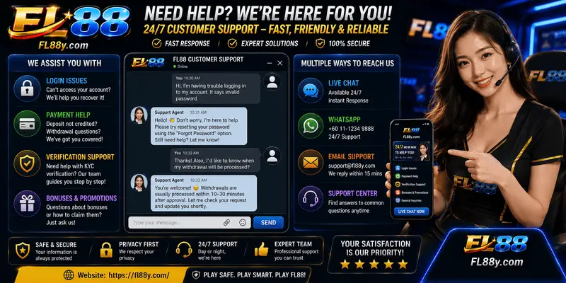 FL88 customer support chat for login, payment and verification help.