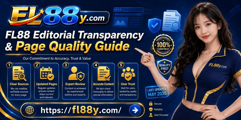 Editorial transparency page explaining FL88 content standards, fact checking, page quality principles and responsible information practices.