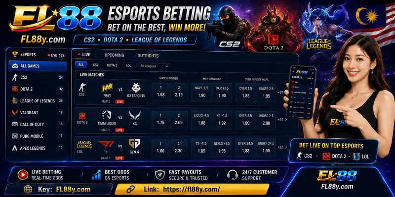 FL88 Esports betting markets for CS2, Dota 2 and League of Legends in Malaysia.