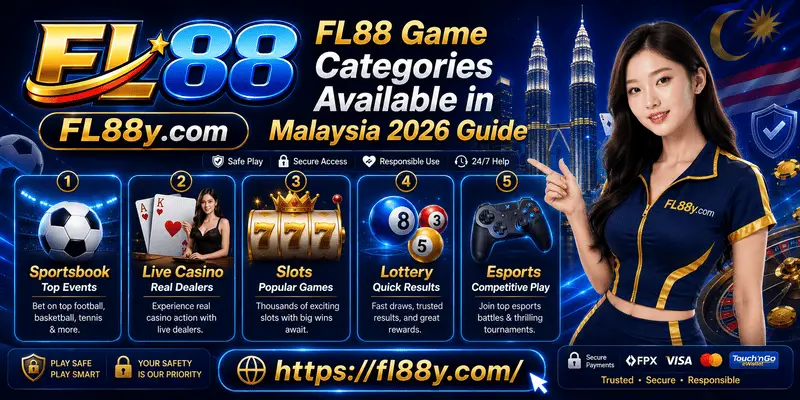 FL88 gaming categories featuring casino, sports betting, slots, lottery, esports and mobile-friendly entertainment for Malaysian users.