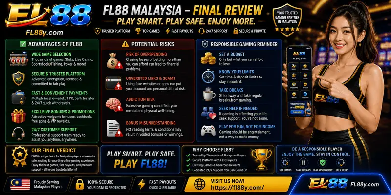 FL88 Malaysia final review with advantages, risks and responsible gaming reminder.
