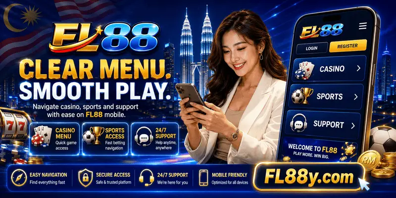 FL88 mobile website navigation with clear casino, sports and support menu.