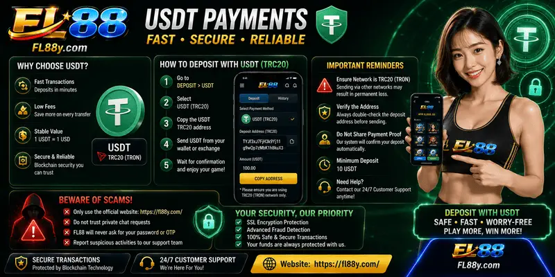 FL88 USDT payment considerations with transaction security reminder.