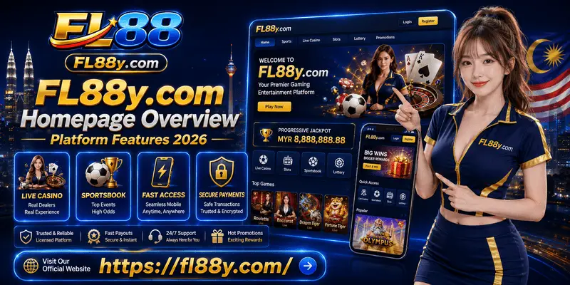 FL88y.com homepage displaying casino, sports, slots, promotions, navigation menu and secure account access for Malaysian users.