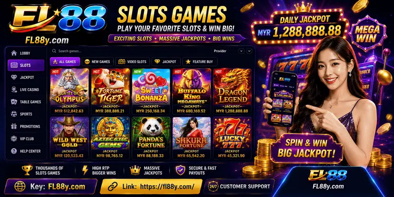 FL88y.com slots page showing video slots and jackpot game features.