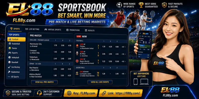 FL88y.com sportsbook page with pre-match and live betting markets.