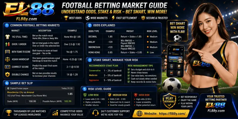 Football betting market guide showing odds, stake and risk information.