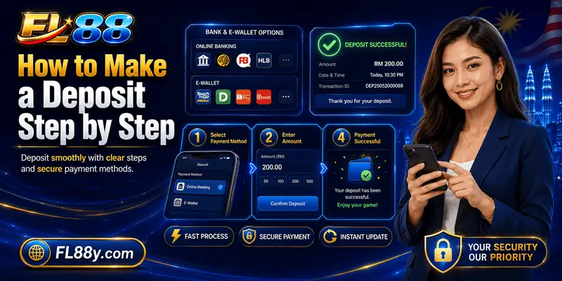 FL88 Malaysia deposit guide showing step-by-step mobile payment process