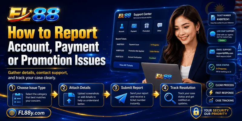 FL88 support report screen for account, payment and promotion issues