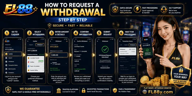 FL88 withdrawal request guide showing step-by-step payment process on mobile