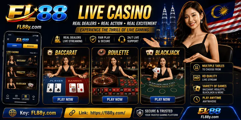 Live casino FL88 tables with baccarat, roulette and blackjack options.