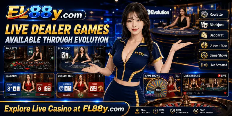 Evolution live dealer games at FL88 featuring blackjack, roulette, baccarat and real-time casino entertainment on mobile devices