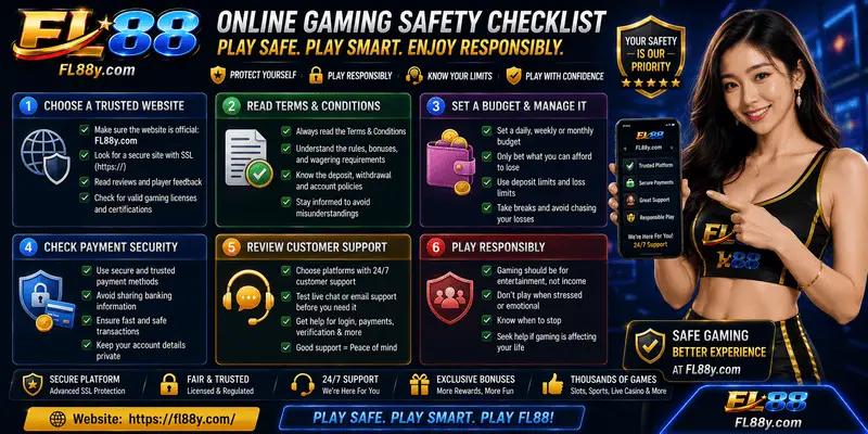 Online gaming safety checklist with website terms, budget limits and support review.