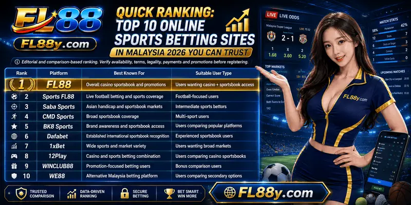 Quick ranking of top 10 online sports betting sites in Malaysia 2026 with safety checks and FL88 comparison