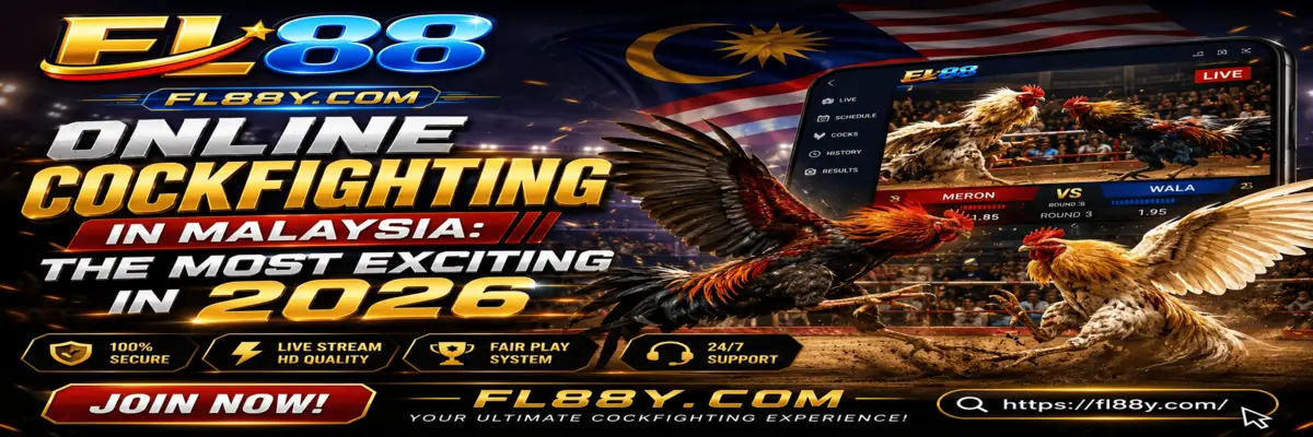 Cockfighting online game advertisement in Malaysia 2026 with bold visuals, digital entertainment style, and responsible 18+ messaging.
