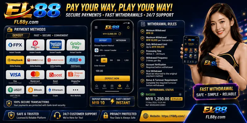 User reviewing FL88 Malaysia payment methods, withdrawal rules and account transaction terms.