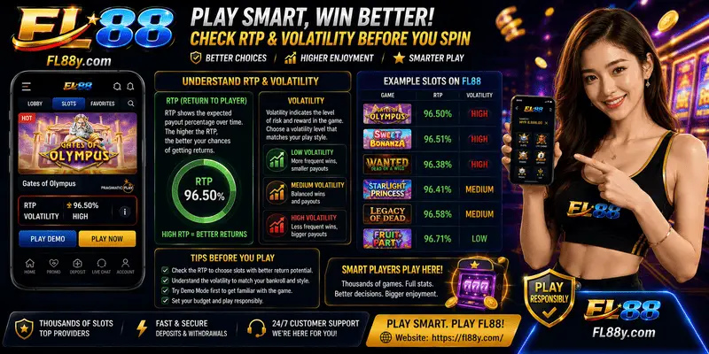 User reviewing slot RTP and volatility before playing responsibly on FL88 Malaysia.