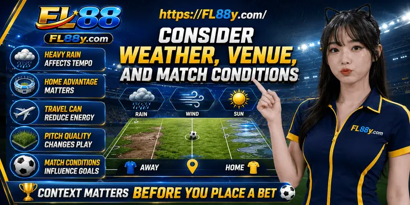 Football bettor checking weather, venue, pitch quality, travel pressure, climate, and home advantage before odds choice.