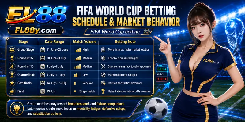 Key FIFA World Cup betting markets at FL88 featuring match winner, totals, handicaps and live betting options for Malaysian users