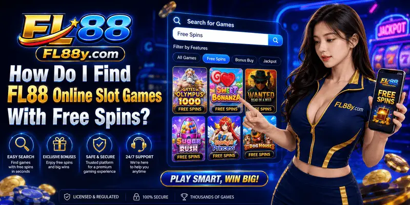 User searching FL88 online slot games with free spins using category filters, bonus labels, and safety checks