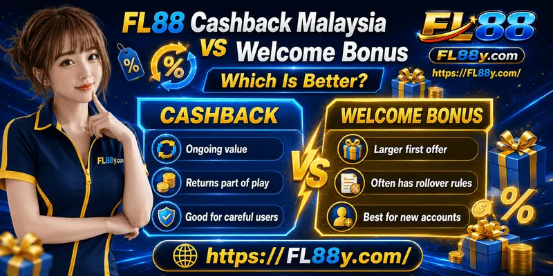 FL88 Cashback Malaysia versus welcome bonus comparison with reward value, wagering terms, limits, and eligibility.
