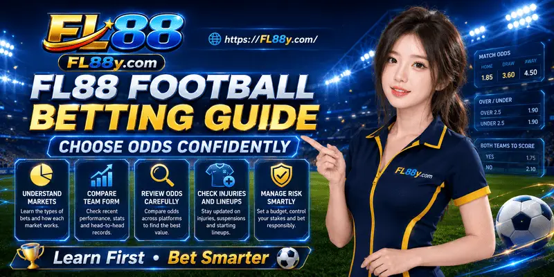 FL88 Football Betting Guide showing beginners how to compare odds, review match factors, and choose bets confidently.