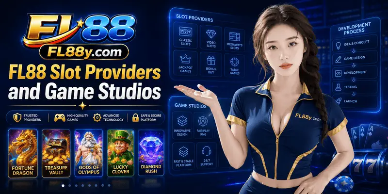 FL88 slot providers and game studios page showing popular developers, game quality, themes and mobile slot access.