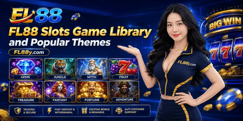FL88 slots game library showing popular themes, jackpot titles, video slots, mobile access and user navigation.