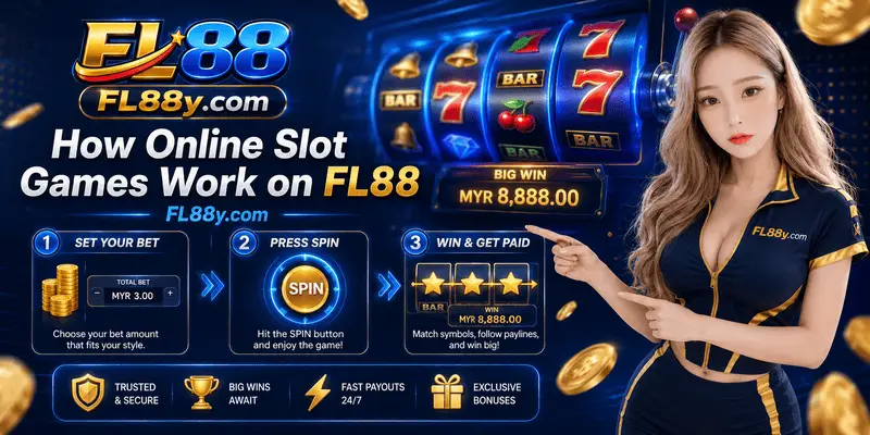 How online slot games work on FL88 showing reels, paylines, RTP, volatility, bonus features and mobile gameplay.