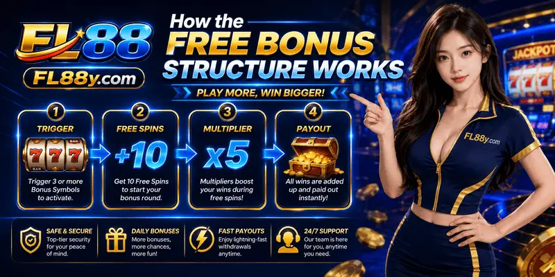 Free bonus structure diagram for slot games with spin count, bet limits, wagering terms, and reward flow