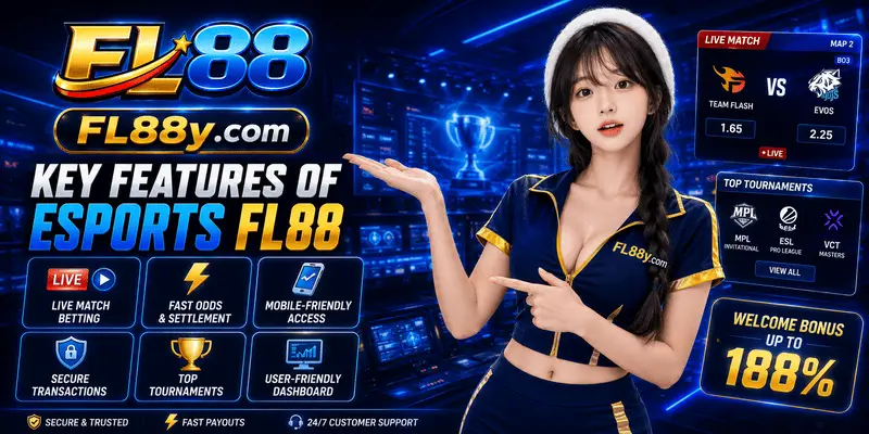 Key features of Esports FL88 showing live odds, game markets, mobile access, account tools and match coverage.