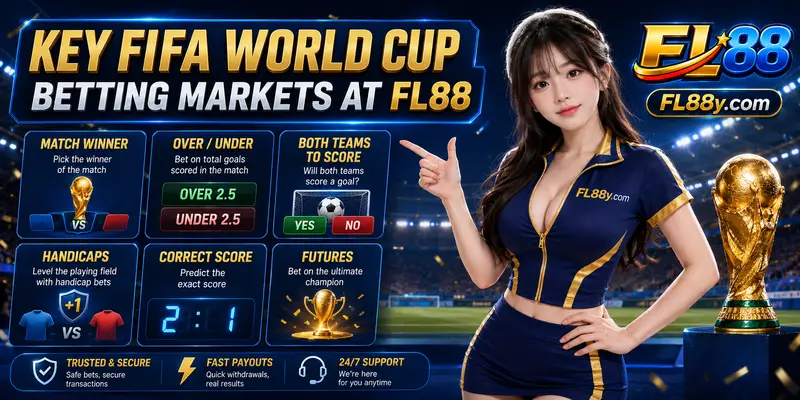 Key FIFA World Cup betting markets at FL88 featuring match winner, totals, handicaps and live betting options for Malaysian users