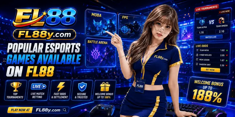 Popular esports games on FL88 featuring CS2, Dota 2, League of Legends, Valorant and mobile betting markets.