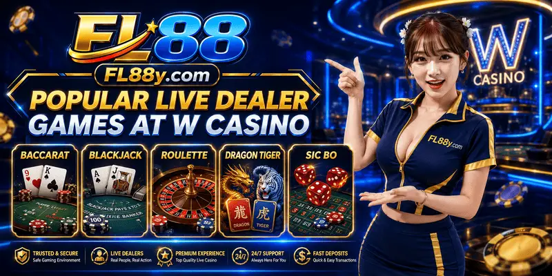 Popular W Casino live dealer games at FL88 Malaysia including baccarat, blackjack, roulette and immersive real-time casino tables