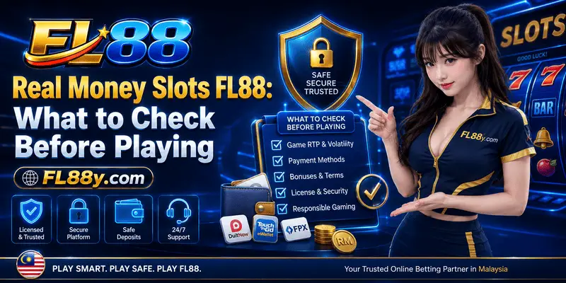 Real money slots FL88 checklist showing RTP, volatility, budget limits, bonus terms and responsible play reminders.