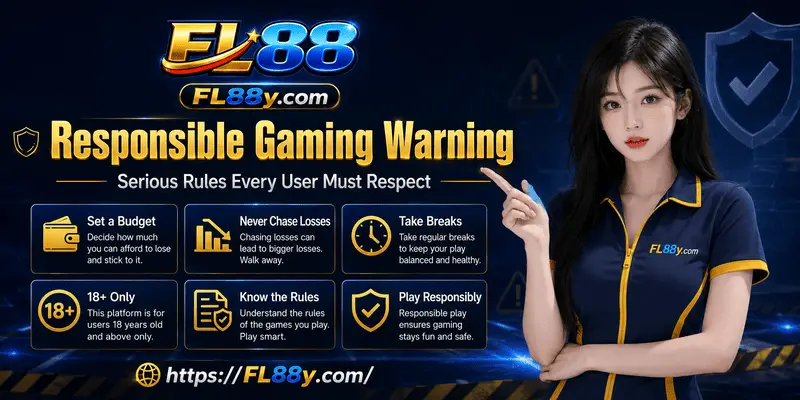 Responsible gaming rules showing age limits, budget control, time breaks, risk signs, and support options.
