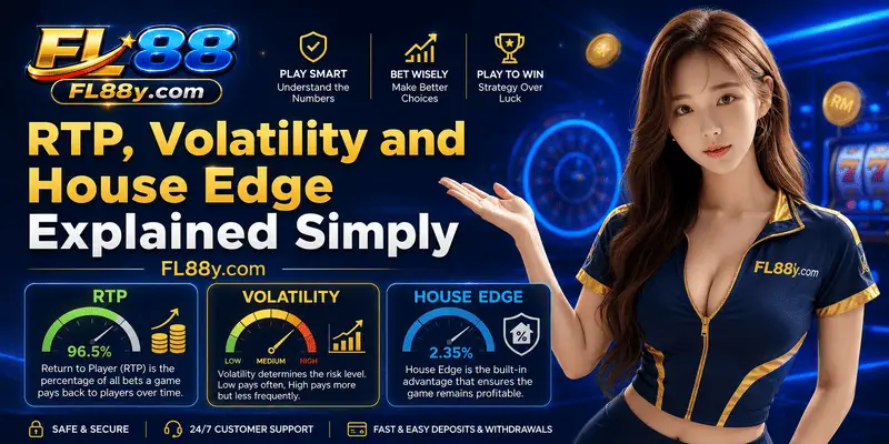 RTP volatility and house edge guide showing slot return rates, risk levels, game variance and simple player examples.