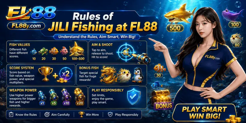 Rules of JILI Fishing at FL88 explaining fish shooting controls, scoring mechanics, targets and gameplay objectives for beginners