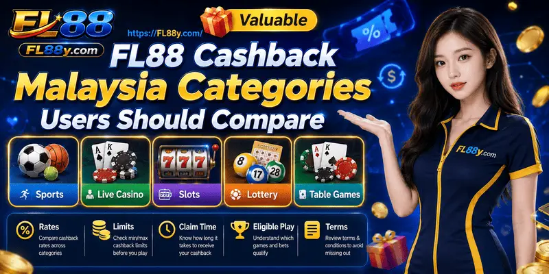 FL88 Cashback Malaysia categories compared across casino, sports, rebate types, reward limits, and terms.