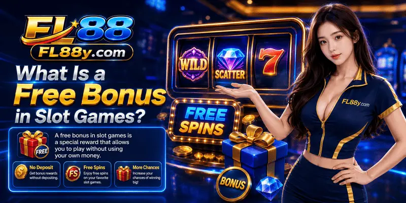 Slot game screen explaining a free bonus, free spin trigger, reward rules, and safer play checks for users