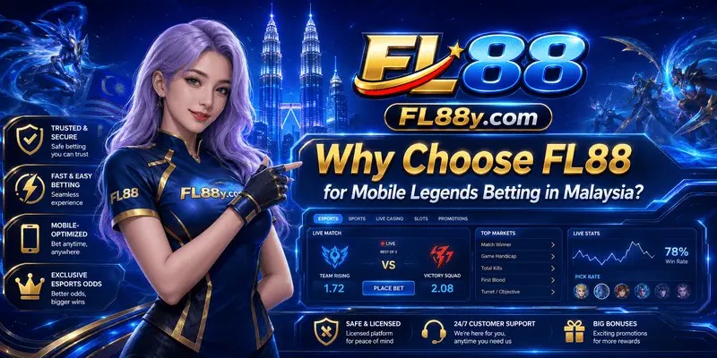 FL88 Mobile Legends betting interface for Malaysia with odds markets, secure login, mobile access, and support cues